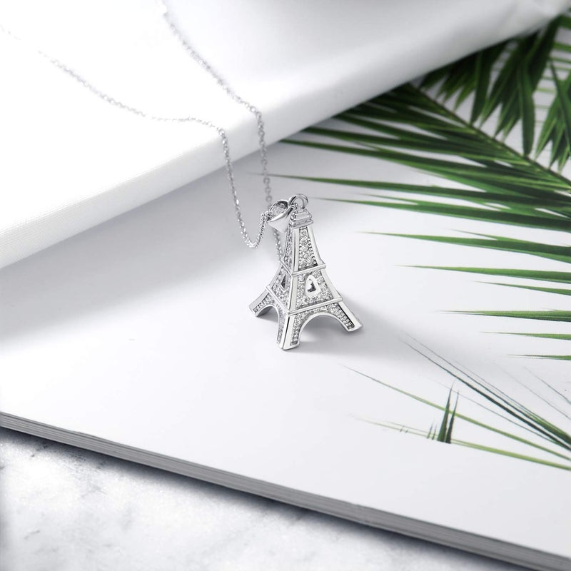 Gem Stone King France Eiffel Tower Pendant Necklace for Women | White Zirconia Set in 925 Sterling Silver | 0.5 Inch | with 18 Inch Complimentary Chain - Image 4